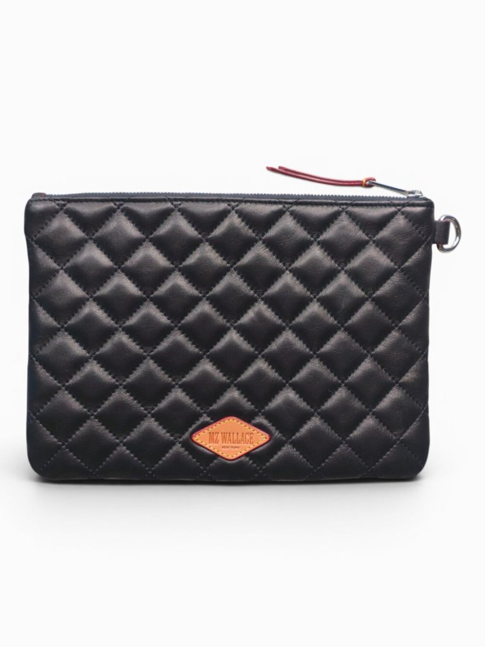 MZ Wallace Black Quilted large LEATHER Wristlet with Tan Logo Patch